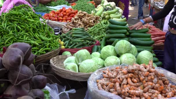 Продовольственный Трейдер Продающий Овощи Уличном Рынке Священном Городе Удайпур Раджастан — стоковое видео