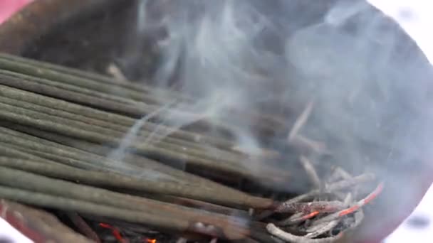 Many Incense Sticks Burning Smoke Close Island Bali Ubud Indonesia — 图库视频影像