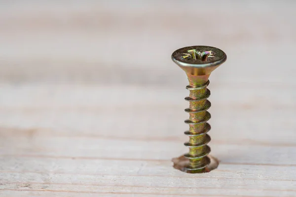 Golden Screws Screwed Wooden Plank Close — Stockfoto