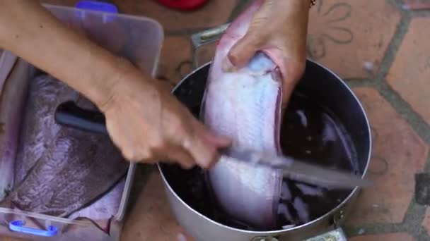 Vietnamese Woman Prepare Fish Sale Street Food Market City Nang — 비디오