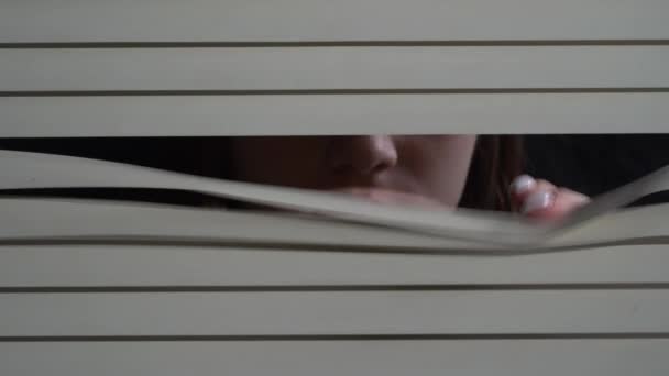 Close Front Portrait Indoors Young Girl Pushing Blinds Window Hands — Video Stock