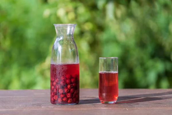 Homemade Cherry Brandy Glass Glass Bottle Wooden Table Summer Garden — Φωτογραφία Αρχείου
