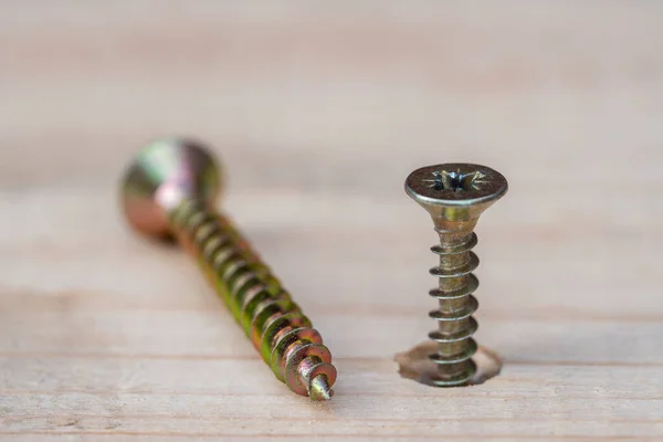 Golden Screws Screwed Wooden Plank Close — Stockfoto