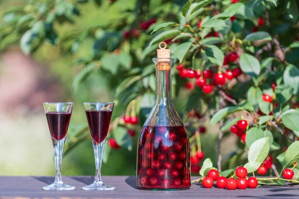 Homemade Cherry Brandy Glasses Glass Bottle Wooden Table Summer Garden — Stockfoto