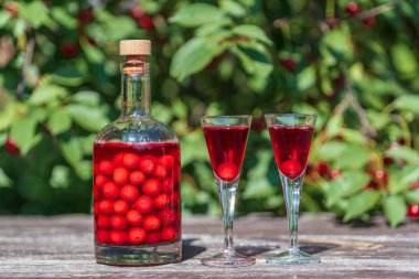 İki bardakta ev yapımı vişneli brendi ve yaz bahçesindeki ahşap bir masada cam bir şişede.