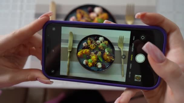 Girl Take Pictures Grilled Peach Salad Mozzarella Using Smartphone Female — Video