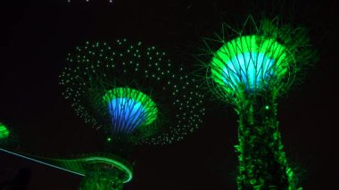 SINGAPORE CITY, SINGAPORE - 27 Mart 2019: marina körfezi yakınlarındaki Gardens 'ta süper ağaçlar, gece aydınlatılmış, Singapur, Güneydoğu Asya. Körfez kıyısında bir bahçe Singapur şehir merkezinde bir doğa parkı.