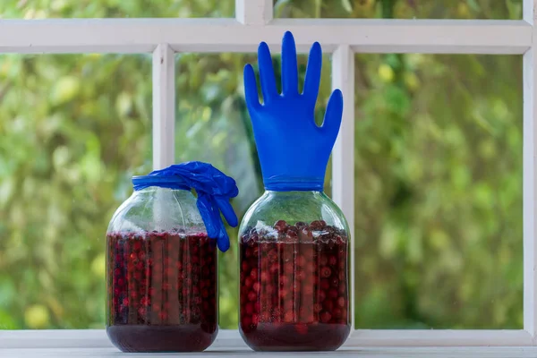 Homemade tincture of red cherry in a jar with a glove shaped shutter. Berry alcoholic drinks concept. Homemade red wine made from ripe cherries in glass jar on white wooden window background, Ukraine