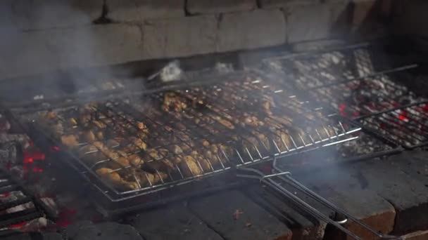 Chef Prepara Fragranti Cosce Pollo Fuoco Aperto Turisti Vacanza Secondo — Video Stock
