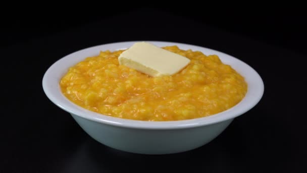 Pumpkin Porridge Rice Milk Vanilla Sugar Plate Rotates Black Background — Wideo stockowe