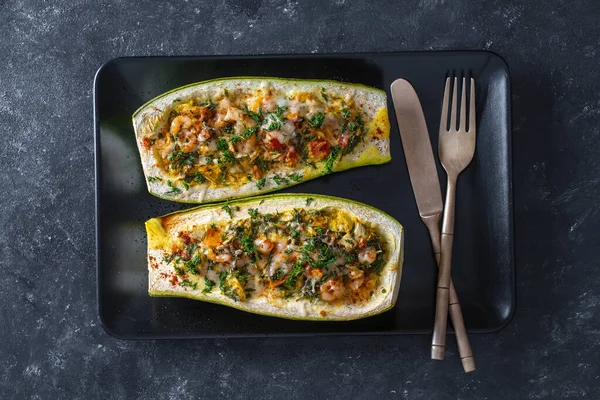 Zucchini Stuffed Shrimps Vegetables Cheese Baked Zucchini Boats Top View — Stock fotografie