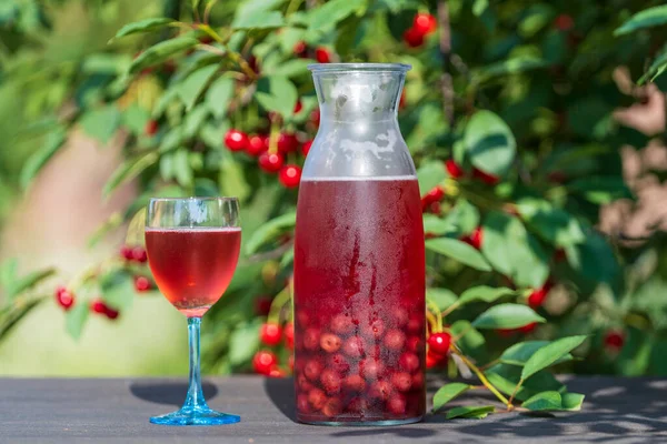Homemade Cherry Brandy Glass Glass Bottle Wooden Table Summer Garden — 스톡 사진