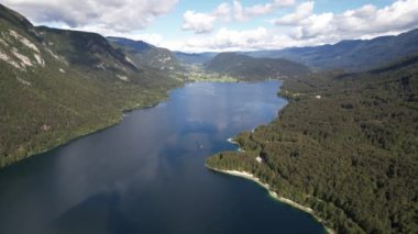 Slovenya, Orta Avrupa 'da yaz aylarında dağlarla ormanlar arasında Bohinjsko jezero ya da Bohinj Gölü üzerindeki hava manzarası, seyahat ve doğa kavramı