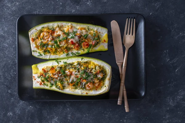 Zucchini Stuffed Shrimps Vegetables Cheese Baked Zucchini Boats Top View — 스톡 사진