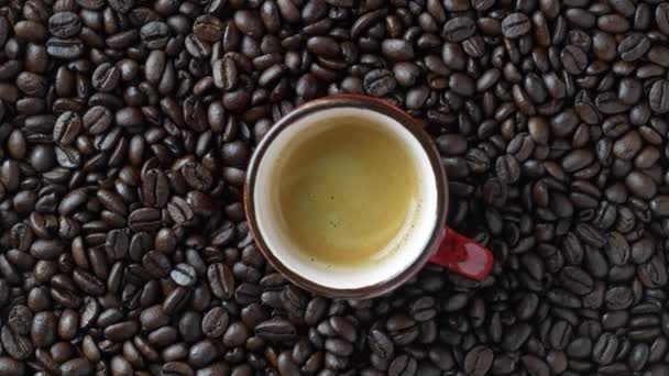 Kırmızı Kahve Fincanı Taze Kavrulmuş Kahve Çekirdekleri Yakın Plan Üst — Stok video