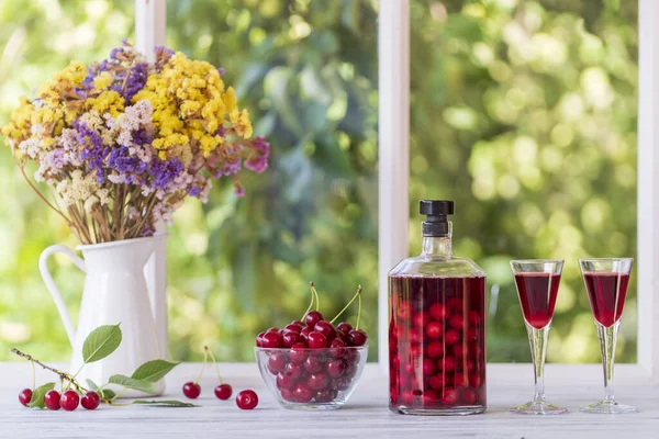 Homemade Cherry Brandy Two Glasses Glass Bottle Windowsill Window House — Φωτογραφία Αρχείου