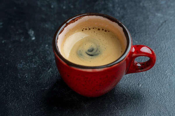 Fresh Aromatic Morning Coffee Red Cup Black Background Close — Fotografia de Stock