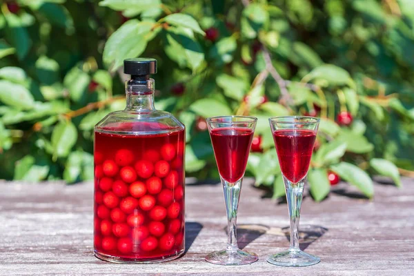 Homemade Cherry Brandy Glasses Glass Bottle Wooden Table Summer Garden — Stockfoto
