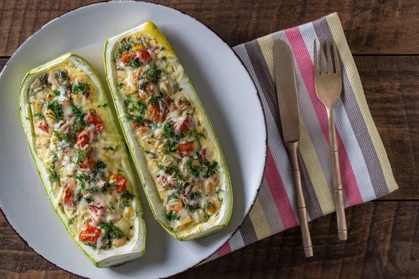 Zucchini Stuffed Shrimps Vegetables Cheese Baked Zucchini Boats Top View — Stock Fotó