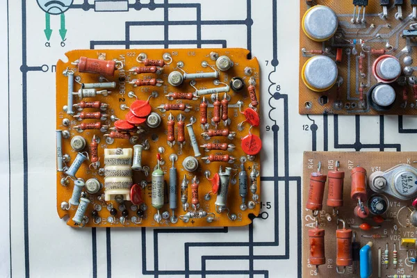 Old Printed Circuit Board Background Vintage Circuit Board Soldering Trace —  Fotos de Stock