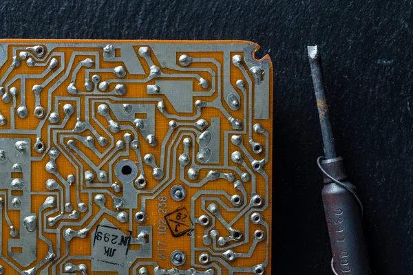 Old Printed Circuit Board Background Vintage Circuit Board Soldering Trace — 스톡 사진