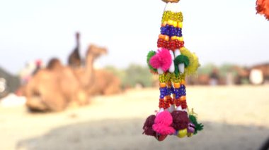 Şemsiyeye zamanında asılan renkli iplikler ve boncuklardan oluşan dekoratif süsler Pushkar Camel Mela, kutsal şehir Pushkar, Rajasthan, Hindistan 'ın yakınlarında.