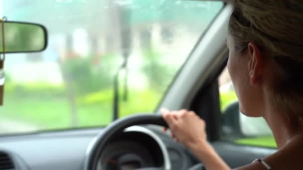 Young Woman Driving Car Rain Close Island Zanzibar Tanzania East — Wideo stockowe