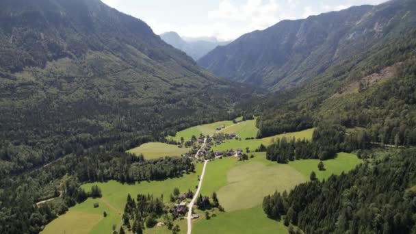 Vista Aérea Del Pueblo Campos Verdes Bosque Las Montañas Alpes — Vídeos de Stock