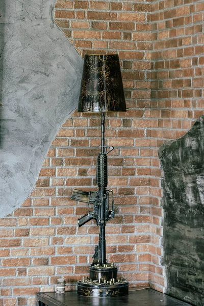 Retro Lamp Lampshade Form Military Machine Gun Old Brick Wall — Stock Photo, Image