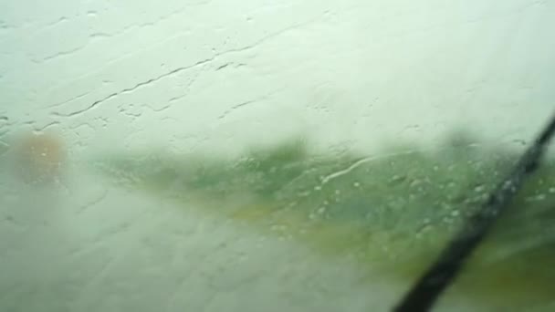 Regendruppels Voorruit Ruitenwissers Verwijderen Water Rijden Regenzicht Van Binnenuit Auto — Stockvideo