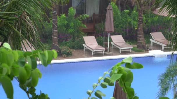 在东南亚的Phu Quoc岛上 热带夏季的大雨倾盆落在海滩附近的游泳池上 自然与环境的概念 — 图库视频影像