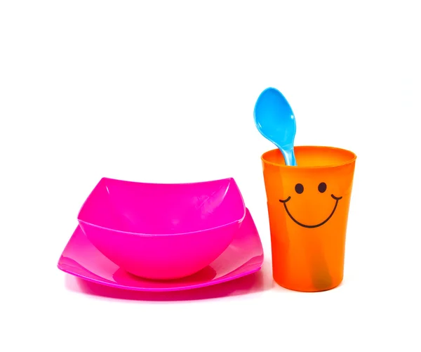 Bright plastic disposable tableware isolated — Stock Photo, Image