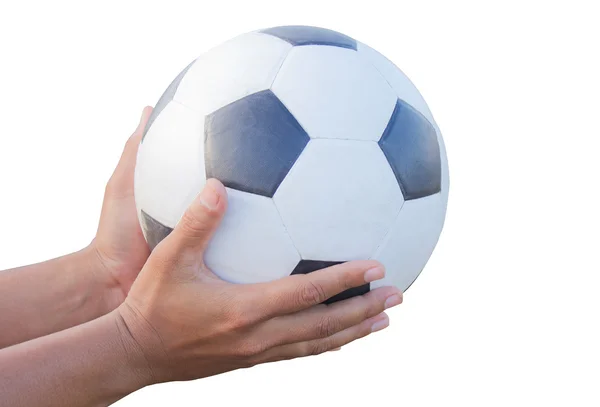 Pallone da calcio classico in mani maschili . — Foto Stock