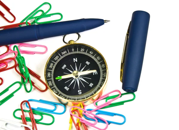 Paper clips, pens, compass on white background — Stock Photo, Image