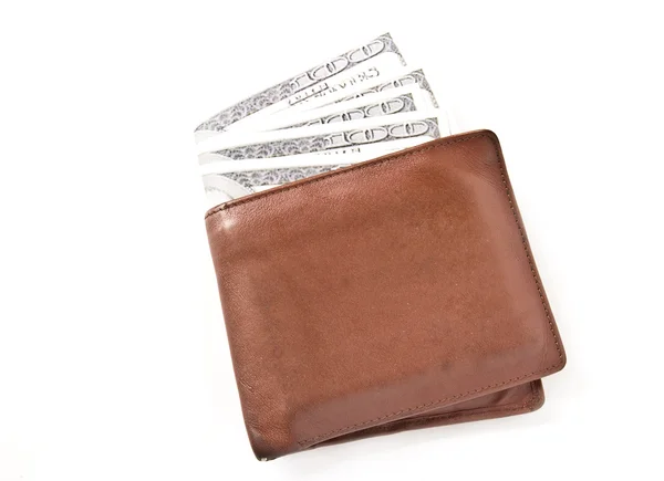 Carteira de couro marrom com dinheiro isolado — Fotografia de Stock