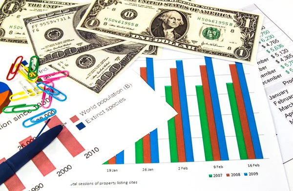 Finance graphs, US dollars money and a blue pen. — Stock Photo, Image