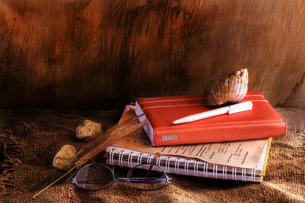 Vintage Natura morta con conchiglia e penna su vecchi libri diario vicino gl — Foto Stock