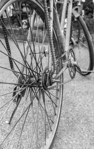 Vieux vélo rouillé gros plan. dos et blanc — Photo