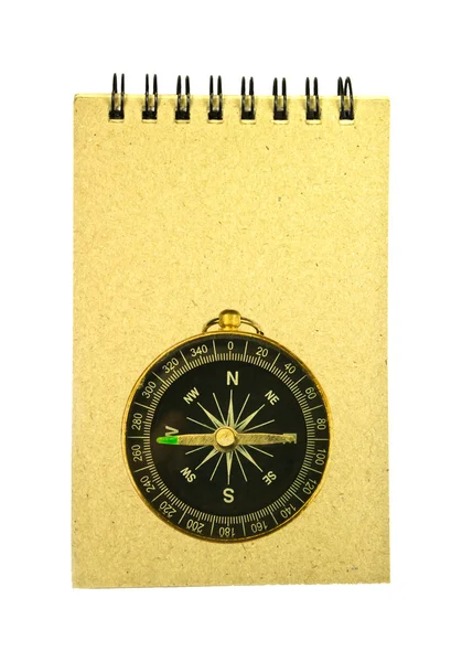 Recycled paper notebook and pocket compass isolated — Stock Photo, Image