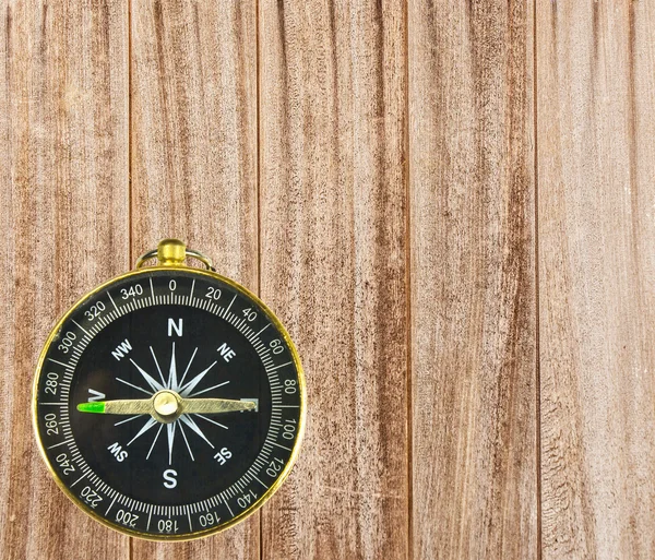 Wood background  and mall pocket compass — Stock Photo, Image
