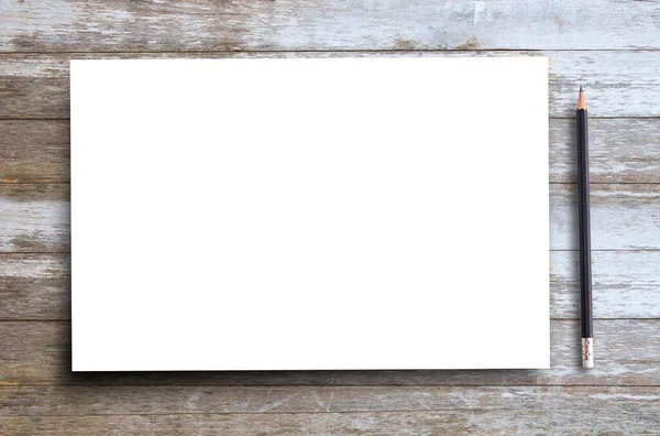 Visão Superior Papel Branco Branco Lápis Preto Fundo Madeira Velha — Fotografia de Stock