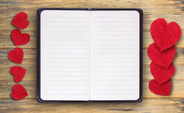 Red Paper Heart Notebooks Wood Table Top View Copy Space — Stock Photo, Image