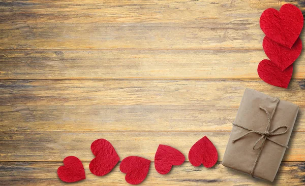 Red Paper Heart Gift Box Wood Table Top View Copy — Stock Photo, Image