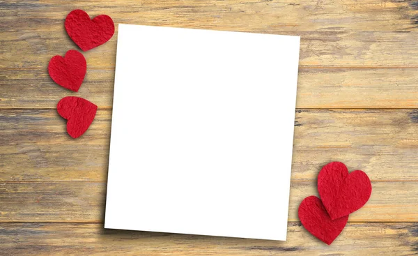 Red Paper Heart Paper Wood Table Top View Copy Space — Stock Photo, Image