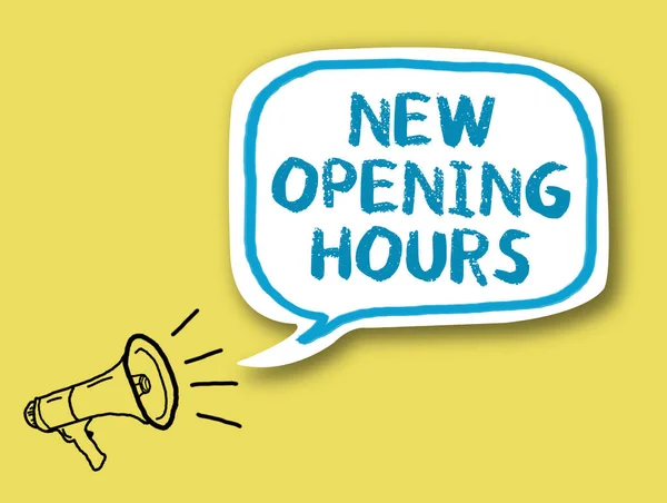 NEW OPENING HOURS and megaphone on speech bubble against bright yellow background for your design.