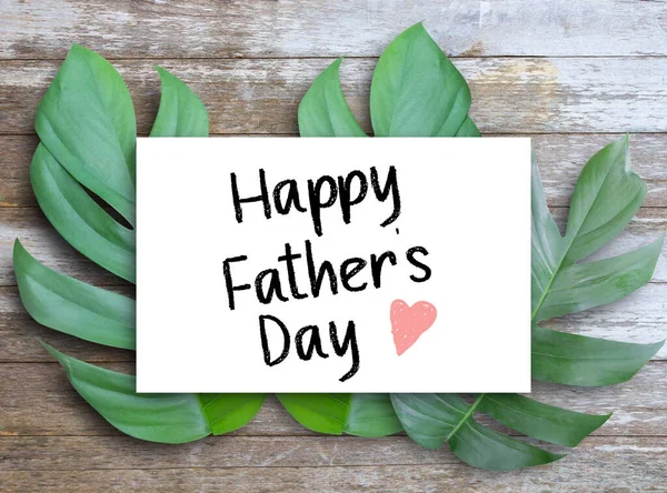 Happy Father Day Letters Written White Paper Placed Leaves Wooden — ストック写真