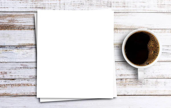 Top View Blank White Paper Coffee Wooden Table Background Space — ストック写真