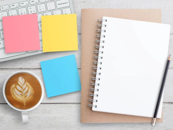 Top View Office Desk Pink Yellow Sticky Note Coffee Notepad - Stok İmaj