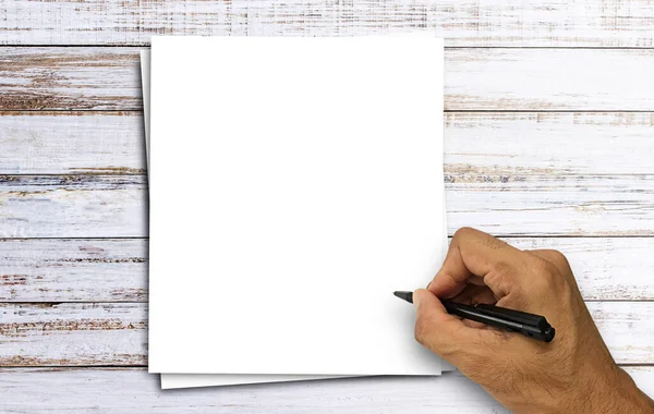 Top View Blank White Paper Handwriting Wooden Table Background Space — Stock Photo, Image