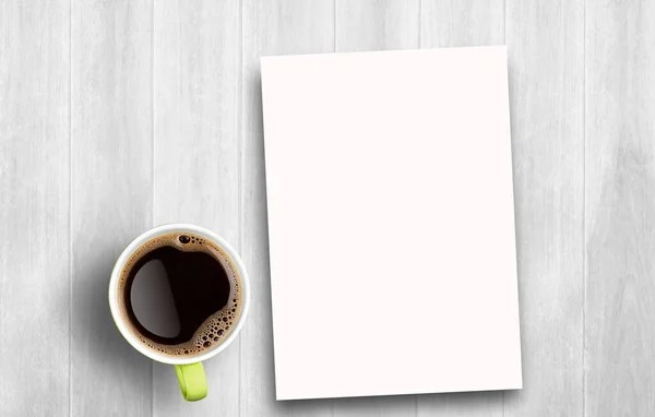 Blank Greeting Card Coffee White Wooden Table Background Top View — Stock Photo, Image